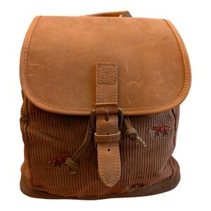 LL BEAN Brown Leather and Corduroy Backpack WITH FOXES